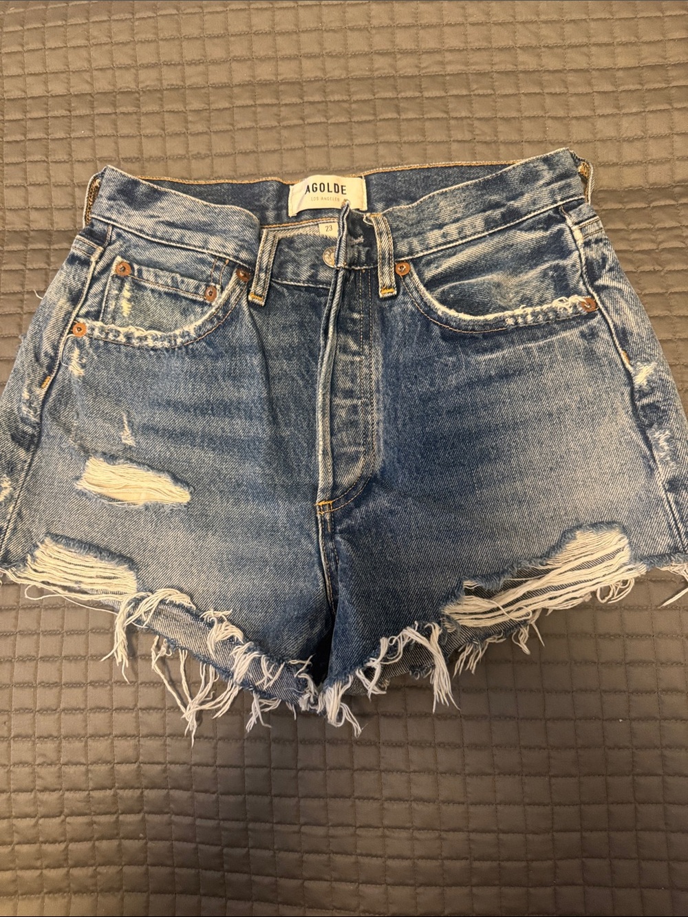 Agolde Parker Distressed medium Blue High-Rise Denim Shorts